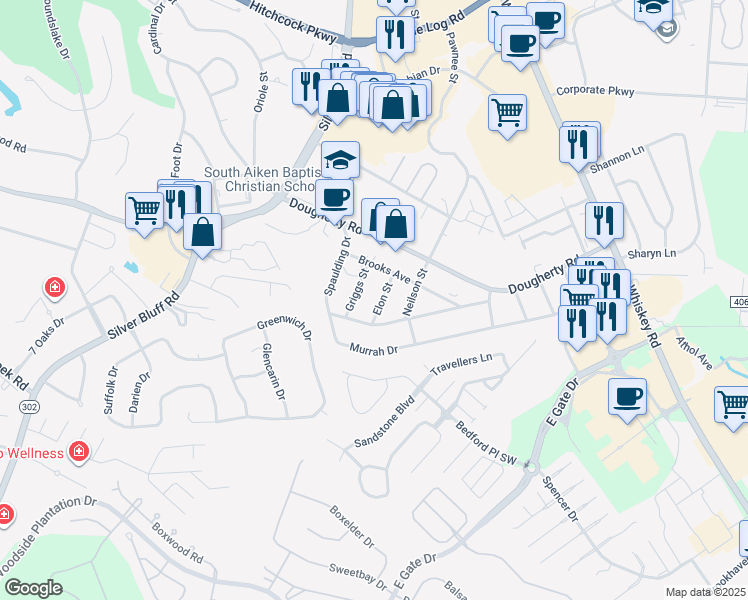 map of restaurants, bars, coffee shops, grocery stores, and more near 1105 Elon Street in Aiken