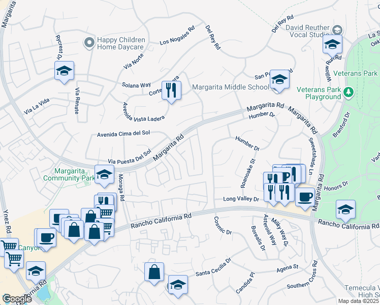 map of restaurants, bars, coffee shops, grocery stores, and more near 42073 Acacia Way in Temecula