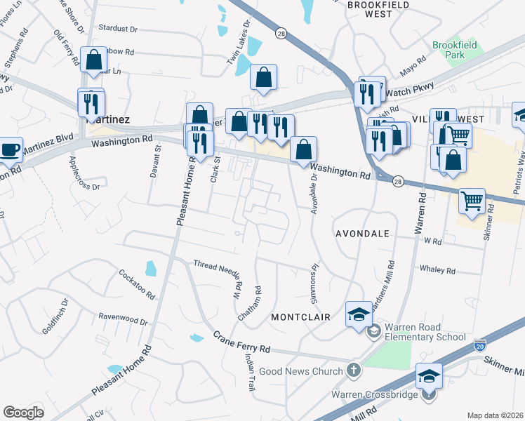 map of restaurants, bars, coffee shops, grocery stores, and more near 355 Folkstone Circle in Augusta