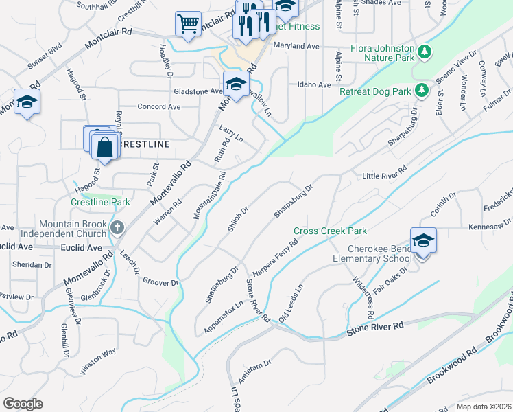 map of restaurants, bars, coffee shops, grocery stores, and more near 4229 Shiloh Drive in Birmingham