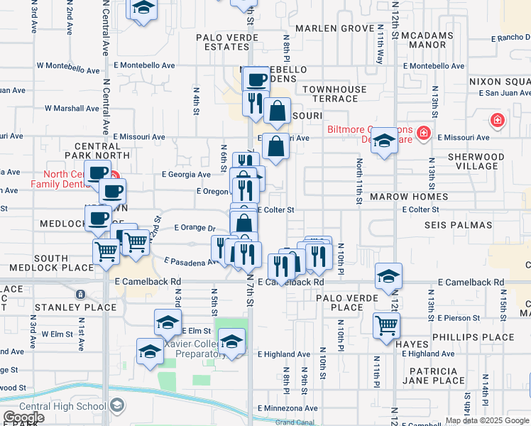 map of restaurants, bars, coffee shops, grocery stores, and more near 5145 North 7th Street in Phoenix