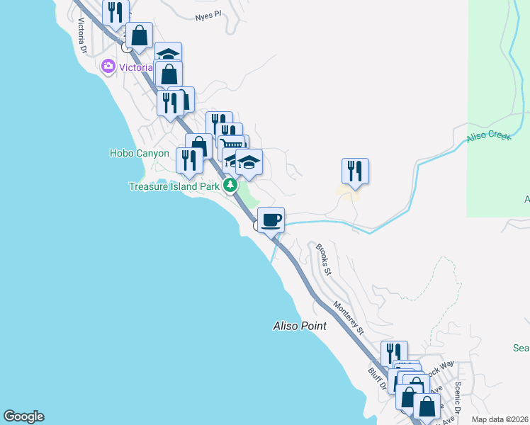 map of restaurants, bars, coffee shops, grocery stores, and more near 21544 Wesley Drive in Laguna Beach