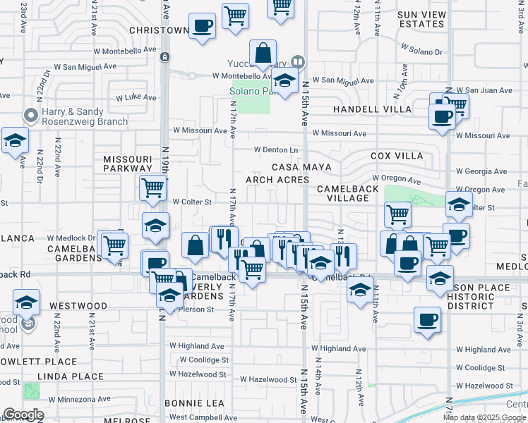map of restaurants, bars, coffee shops, grocery stores, and more near 1605 West Colter Street in Phoenix