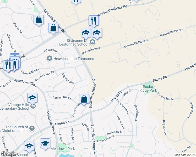 map of restaurants, bars, coffee shops, grocery stores, and more near 41590 Camino Casana in Temecula
