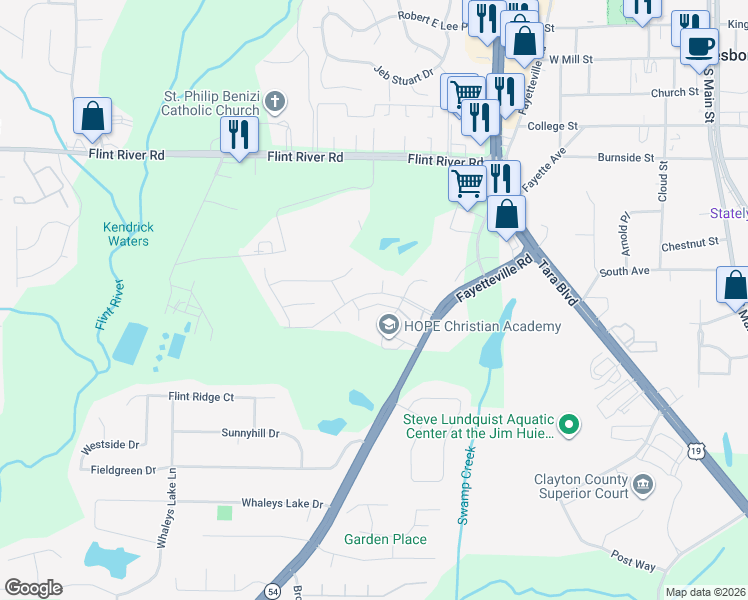 map of restaurants, bars, coffee shops, grocery stores, and more near 696 Towngate Boulevard in Jonesboro