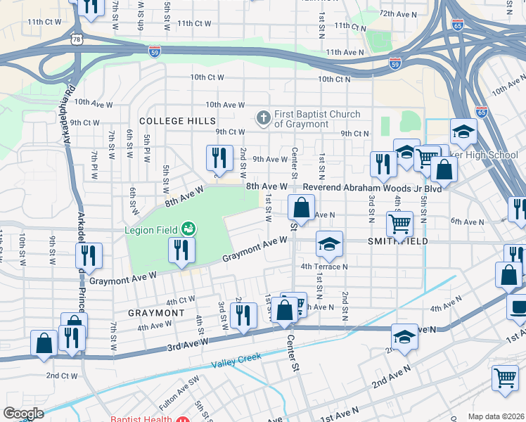 map of restaurants, bars, coffee shops, grocery stores, and more near 109 6th Avenue North in Birmingham