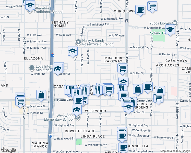 map of restaurants, bars, coffee shops, grocery stores, and more near 2101 West Colter Street in Phoenix