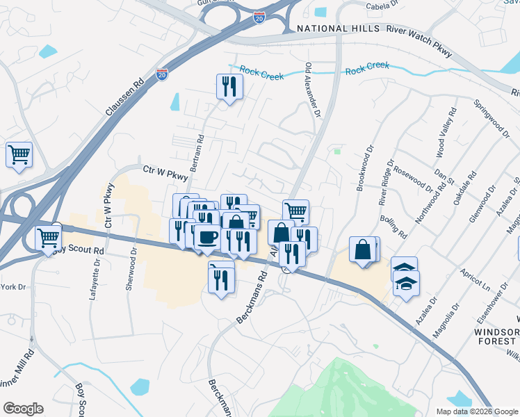 map of restaurants, bars, coffee shops, grocery stores, and more near 2022 Glennfield Lane in Augusta