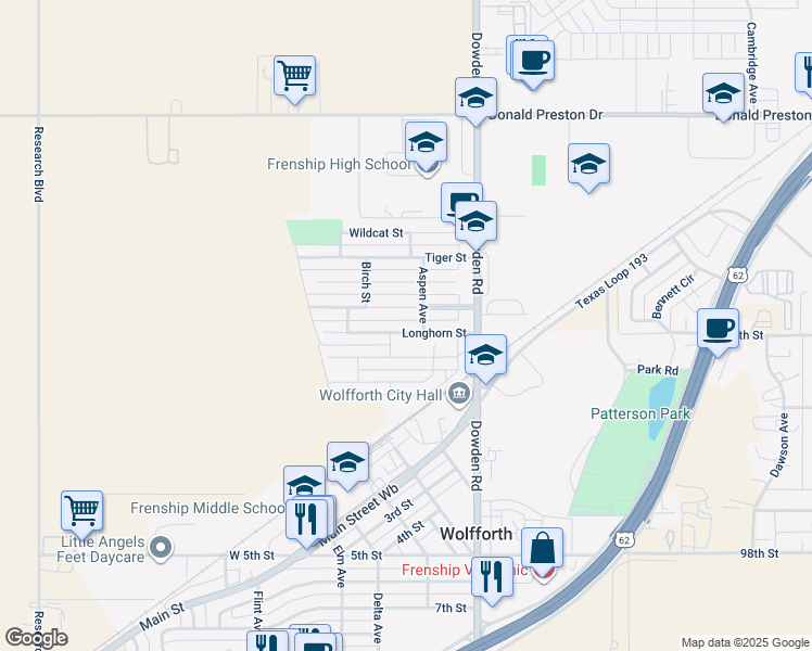 map of restaurants, bars, coffee shops, grocery stores, and more near 307 Raider Boulevard in Wolfforth