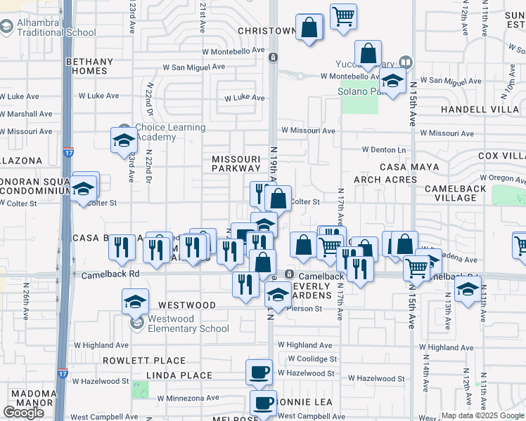 map of restaurants, bars, coffee shops, grocery stores, and more near 1919 West Colter Street in Phoenix