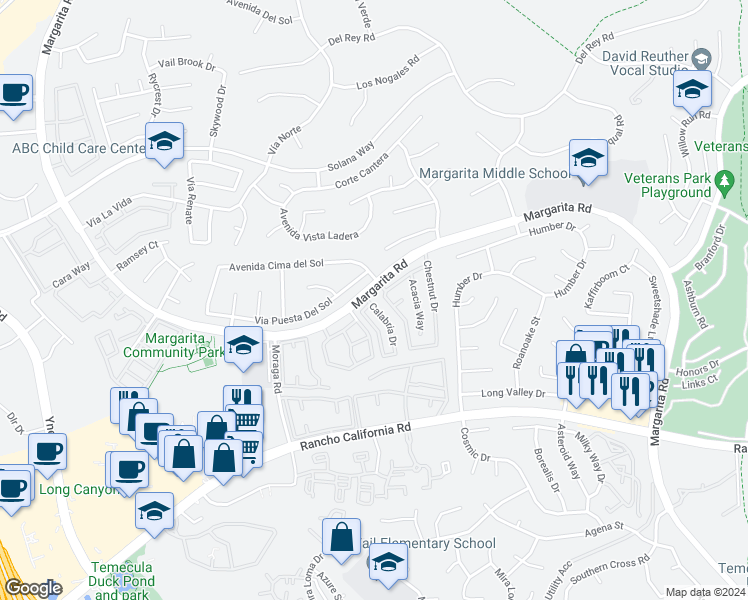map of restaurants, bars, coffee shops, grocery stores, and more near 42001 Orange Blossom Drive in Temecula