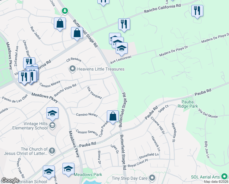 map of restaurants, bars, coffee shops, grocery stores, and more near 41875 Corte Lara in Temecula