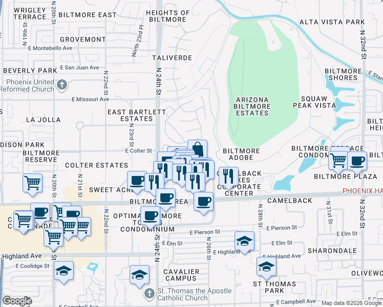 map of restaurants, bars, coffee shops, grocery stores, and more near 5215 North 24th Street in Phoenix