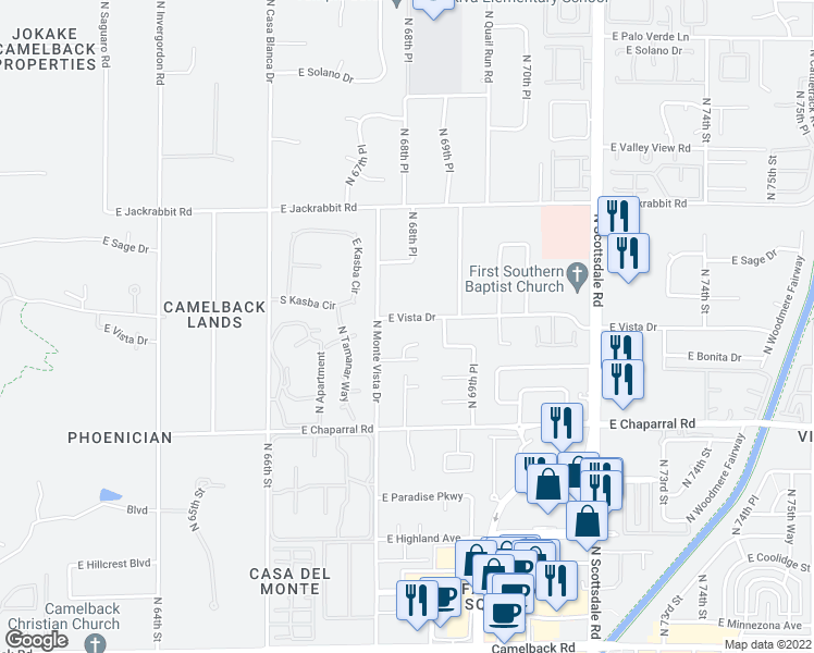 map of restaurants, bars, coffee shops, grocery stores, and more near 6852 East Vista Drive in Paradise Valley