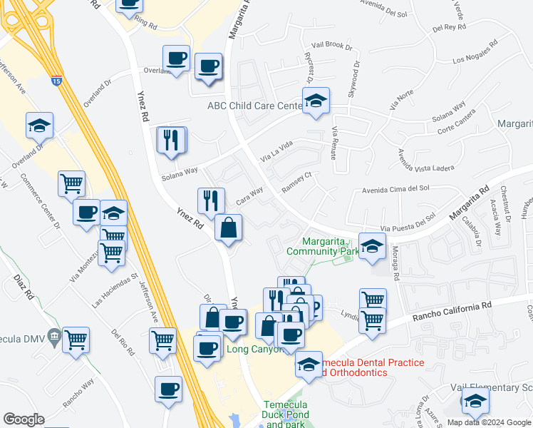 map of restaurants, bars, coffee shops, grocery stores, and more near 29508 Courtney Place in Temecula