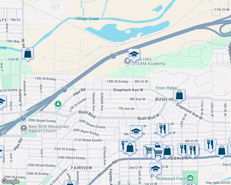 map of restaurants, bars, coffee shops, grocery stores, and more near 3105 Pike Road in Birmingham