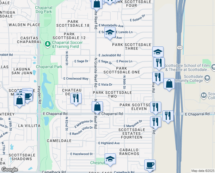 map of restaurants, bars, coffee shops, grocery stores, and more near 8449 East Vista Drive in Scottsdale