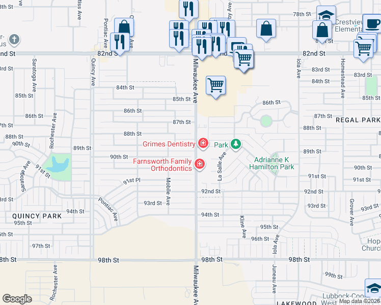 map of restaurants, bars, coffee shops, grocery stores, and more near 6504 90th Street in Lubbock