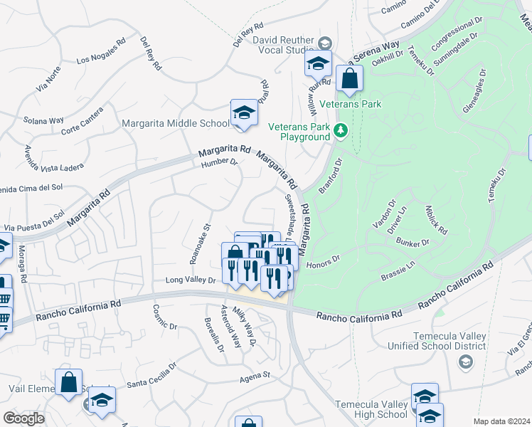 map of restaurants, bars, coffee shops, grocery stores, and more near 42005 Teatree Court in Temecula