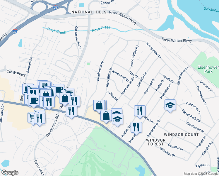 map of restaurants, bars, coffee shops, grocery stores, and more near 1033 River Ridge Drive in Augusta