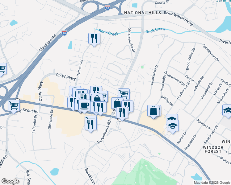 map of restaurants, bars, coffee shops, grocery stores, and more near 2003 Glennfield Lane in Augusta