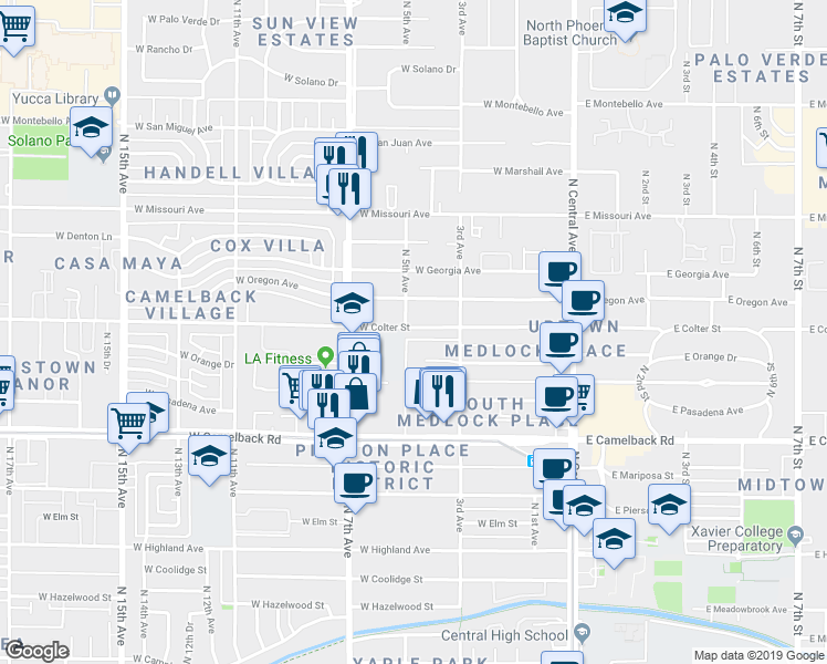 map of restaurants, bars, coffee shops, grocery stores, and more near 419 West Colter Street in Phoenix