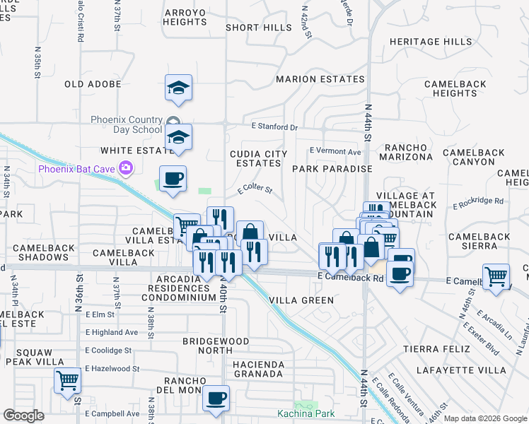 map of restaurants, bars, coffee shops, grocery stores, and more near 5127 North 41st Street in Phoenix