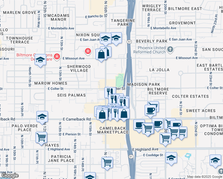 map of restaurants, bars, coffee shops, grocery stores, and more near in Phoenix