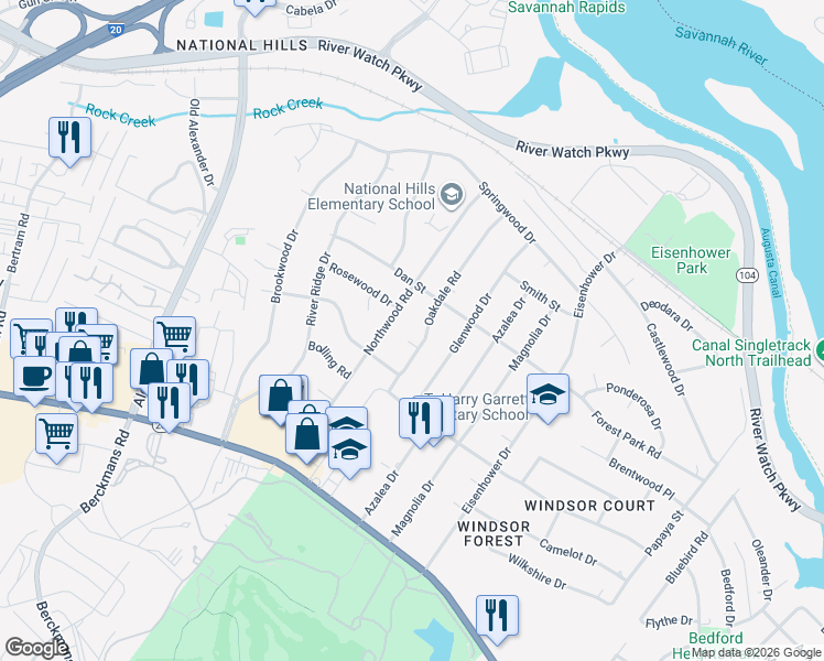 map of restaurants, bars, coffee shops, grocery stores, and more near 1123 Oakdale Road in Augusta