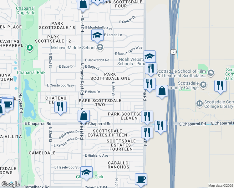 map of restaurants, bars, coffee shops, grocery stores, and more near 8611 East Vista Drive in Scottsdale
