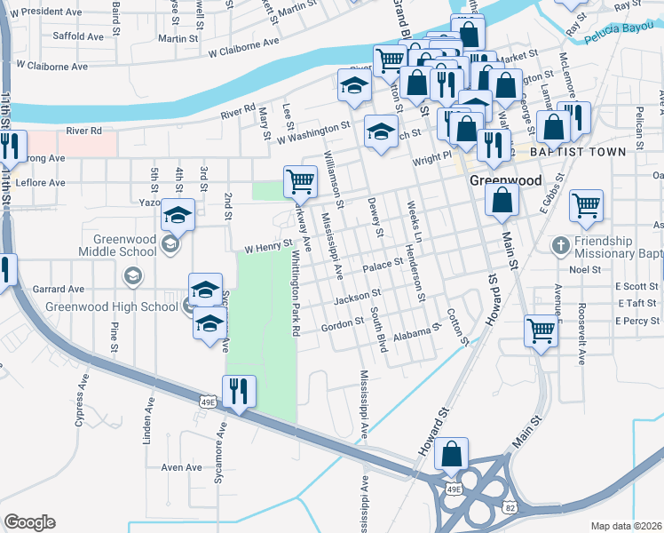 map of restaurants, bars, coffee shops, grocery stores, and more near 801 West Gibbs Street in Greenwood