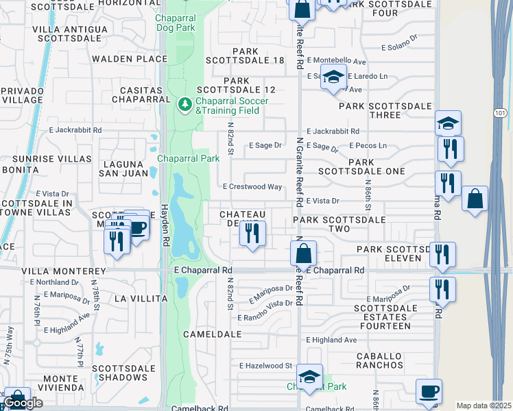 map of restaurants, bars, coffee shops, grocery stores, and more near 8237 East Vista Drive in Scottsdale