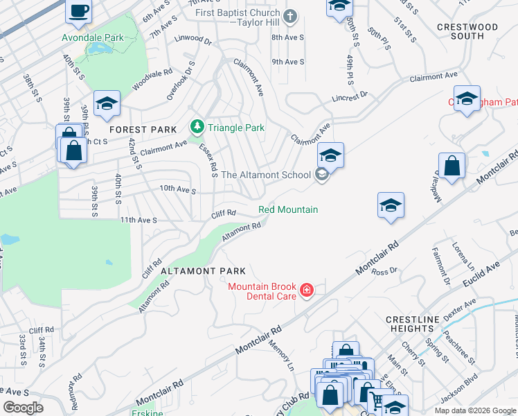 map of restaurants, bars, coffee shops, grocery stores, and more near 4370 Cliff Road in Birmingham