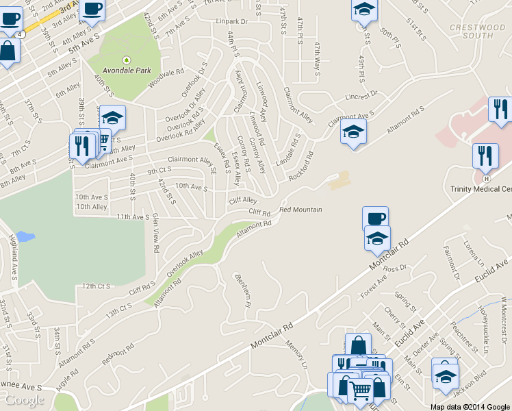 map of restaurants, bars, coffee shops, grocery stores, and more near 4344 Cliff Road South in Birmingham