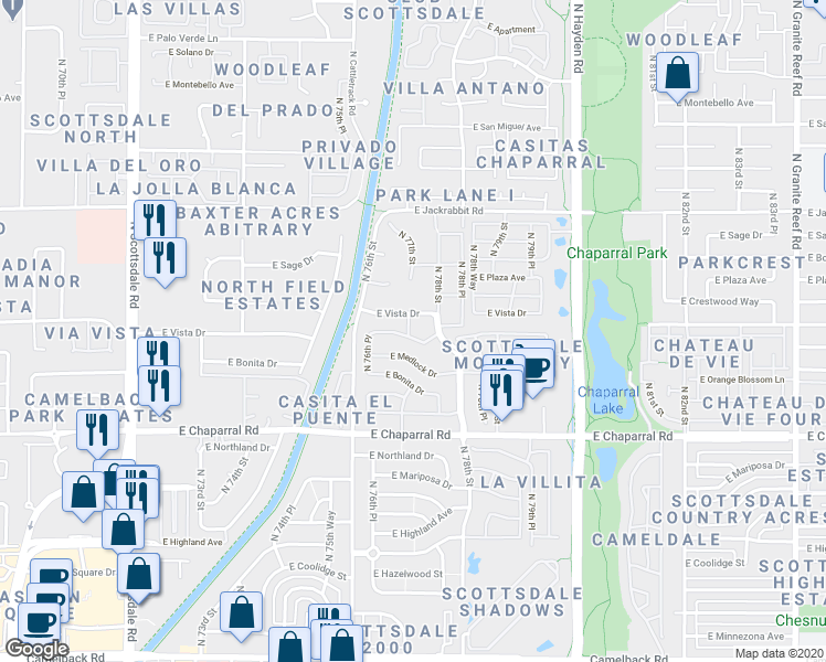 map of restaurants, bars, coffee shops, grocery stores, and more near 5163 North 77th Street in Scottsdale