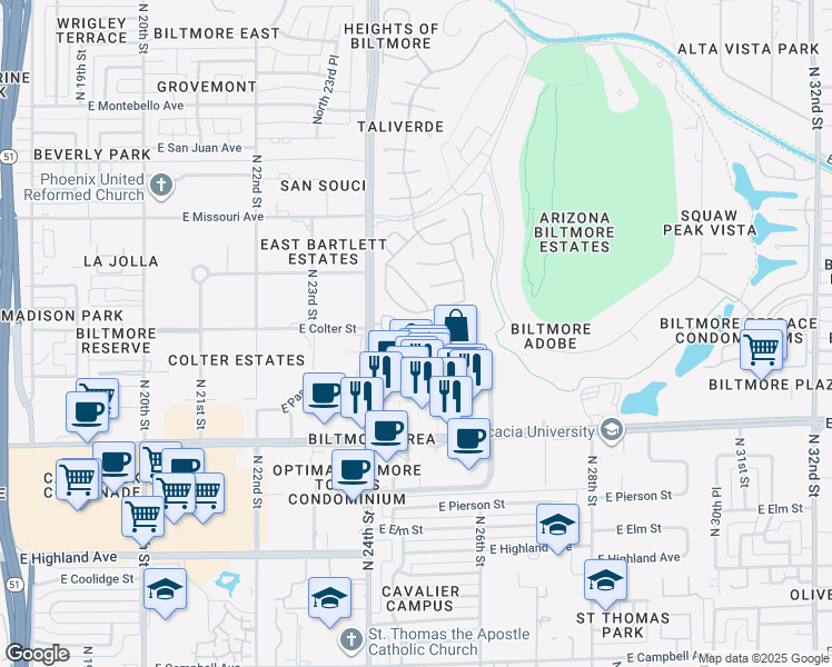 map of restaurants, bars, coffee shops, grocery stores, and more near 5205 North 24th Street in Phoenix