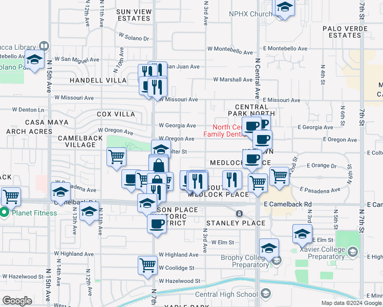 map of restaurants, bars, coffee shops, grocery stores, and more near 419 West Colter Street in Phoenix