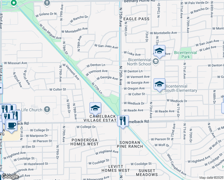map of restaurants, bars, coffee shops, grocery stores, and more near 7594 West Colter Street in Glendale