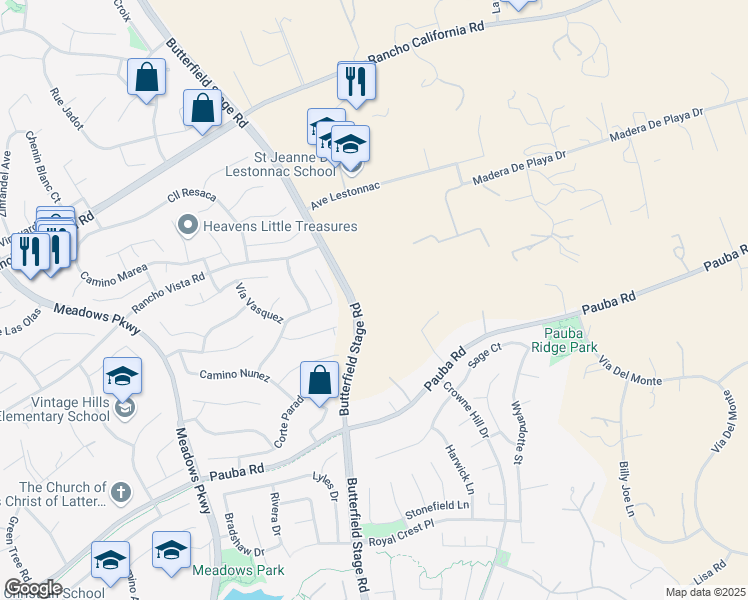 map of restaurants, bars, coffee shops, grocery stores, and more near 41590 Camino Casana in Temecula