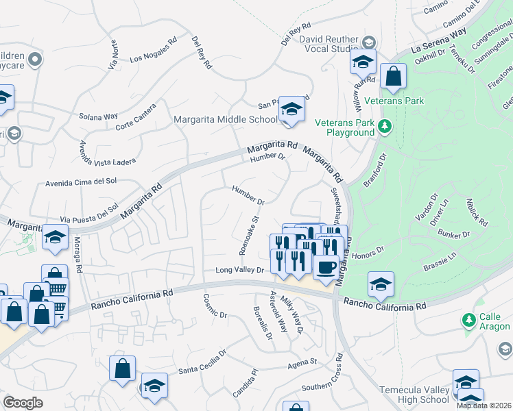 map of restaurants, bars, coffee shops, grocery stores, and more near 42005 Humber Drive in Temecula