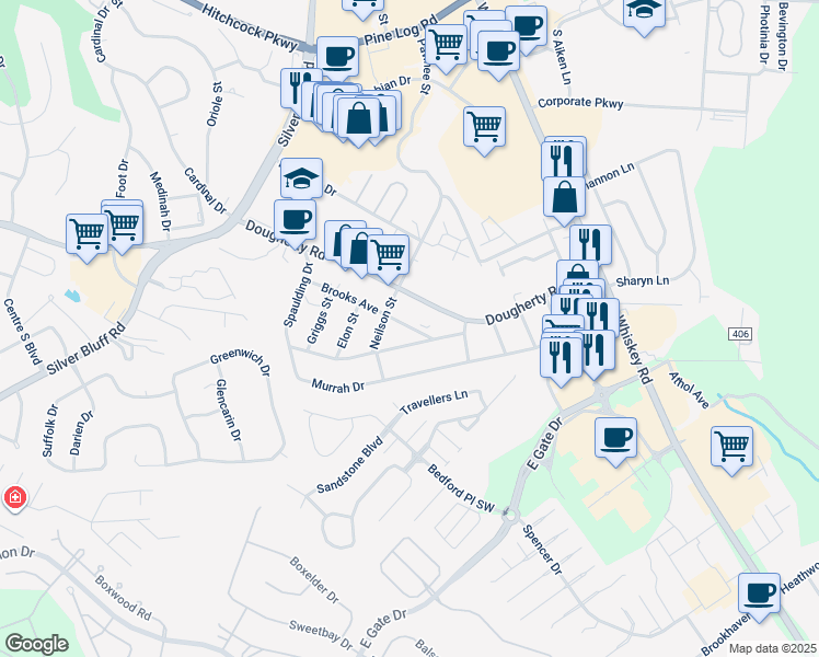 map of restaurants, bars, coffee shops, grocery stores, and more near 1001 Neilson Street in Aiken