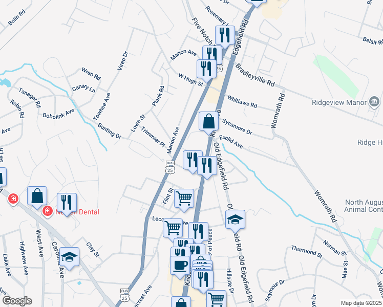 map of restaurants, bars, coffee shops, grocery stores, and more near 31 Leigh Place in North Augusta