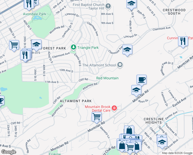 map of restaurants, bars, coffee shops, grocery stores, and more near 4370 Cliff Road in Birmingham