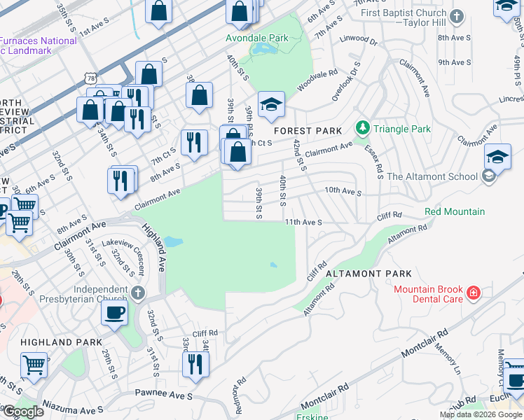 map of restaurants, bars, coffee shops, grocery stores, and more near 3907 10th Avenue South in Birmingham