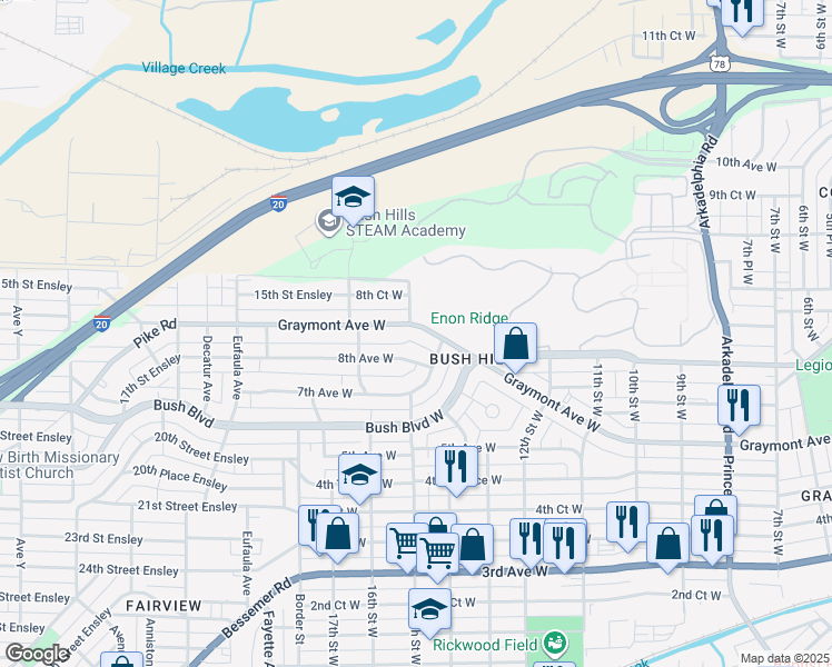 map of restaurants, bars, coffee shops, grocery stores, and more near 1509 Graymont Avenue West in Birmingham