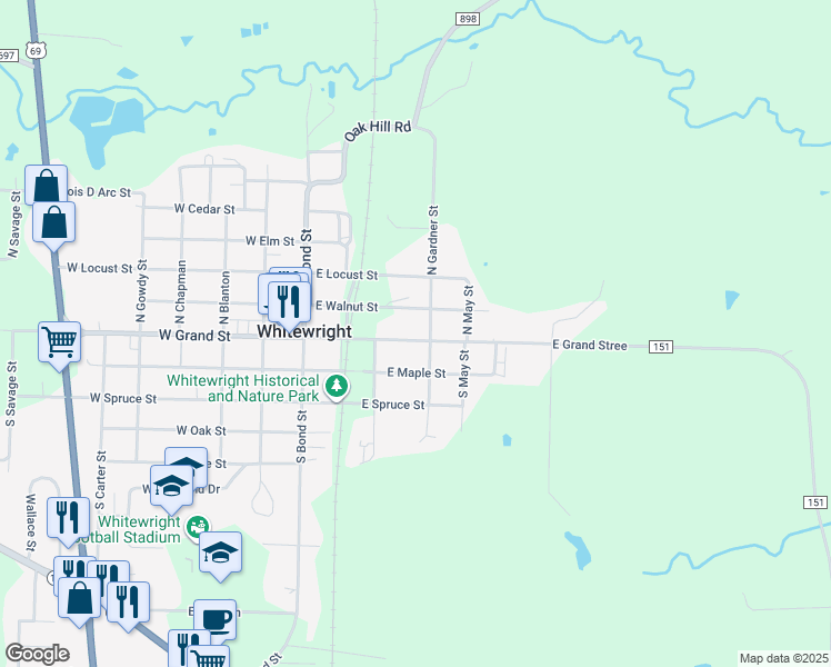 map of restaurants, bars, coffee shops, grocery stores, and more near 318 East Grand Avenue in Whitewright