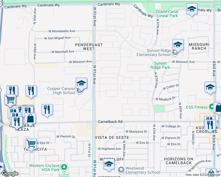 map of restaurants, bars, coffee shops, grocery stores, and more near 5253-5499 North 91st Avenue in Glendale