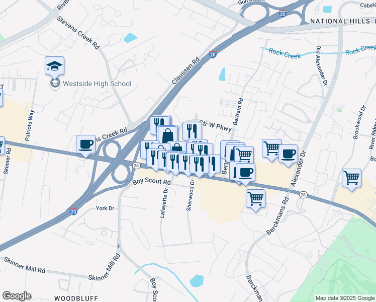 map of restaurants, bars, coffee shops, grocery stores, and more near 103 Sherwood Drive in Augusta
