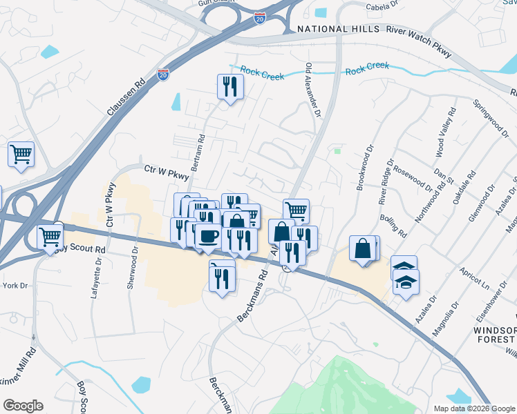 map of restaurants, bars, coffee shops, grocery stores, and more near 2022 Glennfield Lane in Augusta