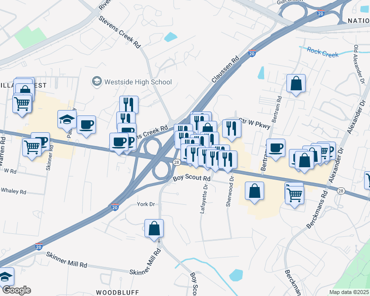 map of restaurants, bars, coffee shops, grocery stores, and more near 2949 Washington Road in Augusta